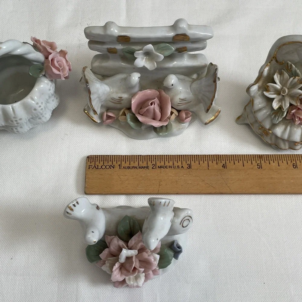 Vintage Fairy Garden Dollhouse Miniatures Pieces Porcelain Birds Doves Flowers